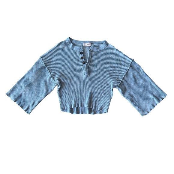 Urban Outfitters Small Henley Grey Sweater Crop Wide Sleeve Ribbed Pullover - Picture 2 of 9
